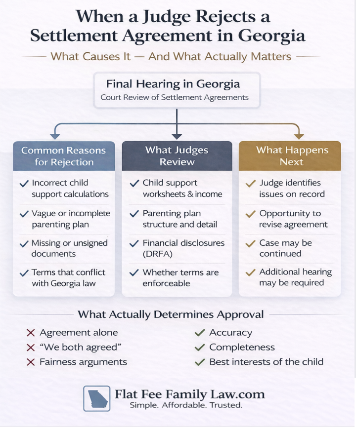 Learn what happens if a judge rejects your settlement agreement in a Georgia divorce or legitimation case, including common reasons and how to fix issues before court. Learn what happens if a judge rejects your settlement agreement in a Georgia divorce or legitimation case, including common reasons and how to fix issues before court.