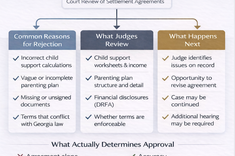 Learn what happens if a judge rejects your settlement agreement in a Georgia divorce or legitimation case, including common reasons and how to fix issues before court.