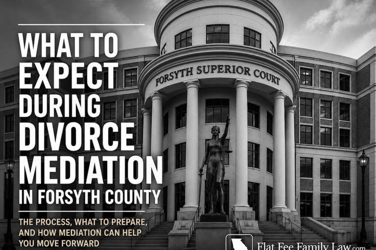 Forsyth County Georgia divorce mediation graphic explaining what to expect during mediation involving parenting plans, property division, and contested divorce negotiations.