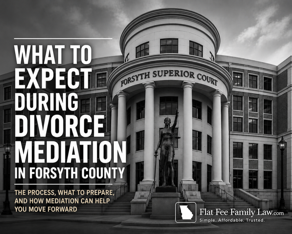 Forsyth County Georgia divorce mediation graphic explaining what to expect during mediation involving parenting plans, property division, and contested divorce negotiations.