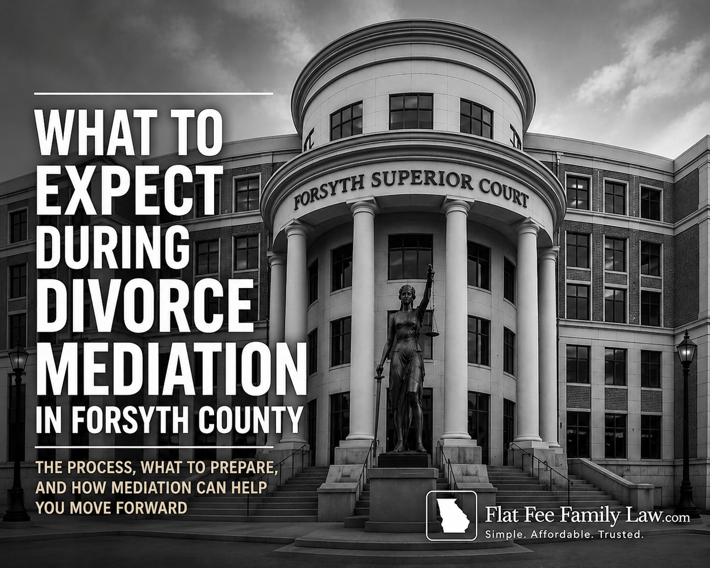 forsyth-county-divorce-mediation-process-georgia Forsyth County Georgia divorce mediation graphic explaining what to expect during mediation involving parenting plans, property division, and contested divorce negotiations.