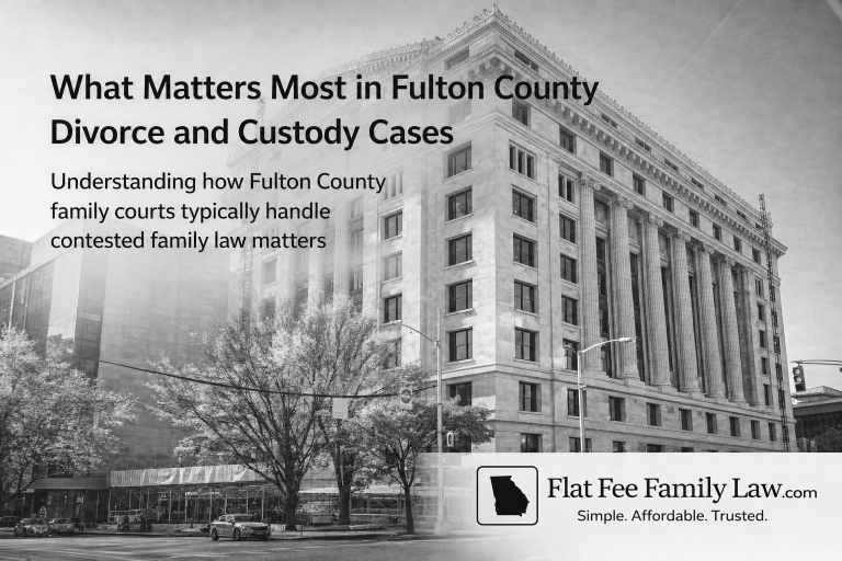 Fulton County Georgia divorce and custody case preparation graphic for family court litigation and hearings.