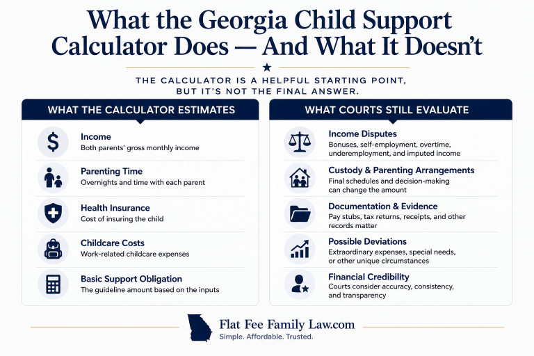 Georgia child support infographic explaining what the Georgia Child Support Calculator estimates compared to what courts still evaluate in divorce, custody, and legitimation cases.