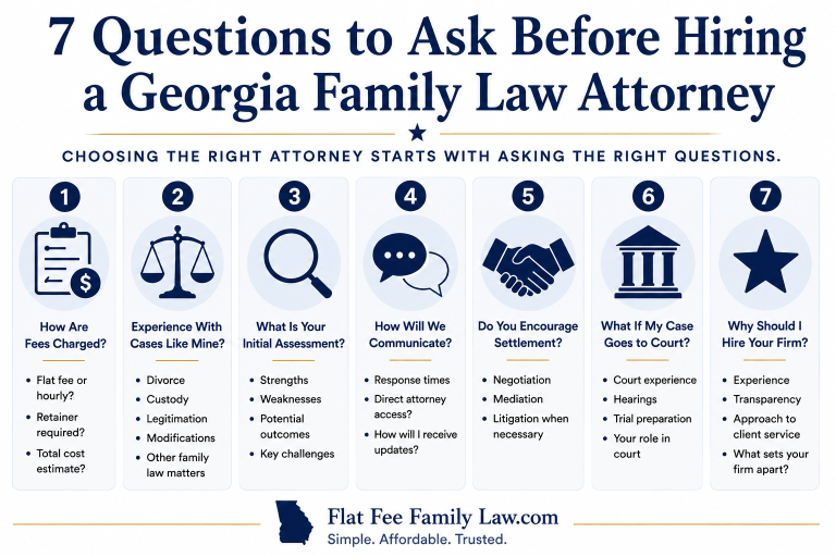 Infographic title: '7 Questions to Ask Before Hiring a Georgia Family Law Attorney' with seven cards outlining key questions about fees, experience, assessment, and communication.