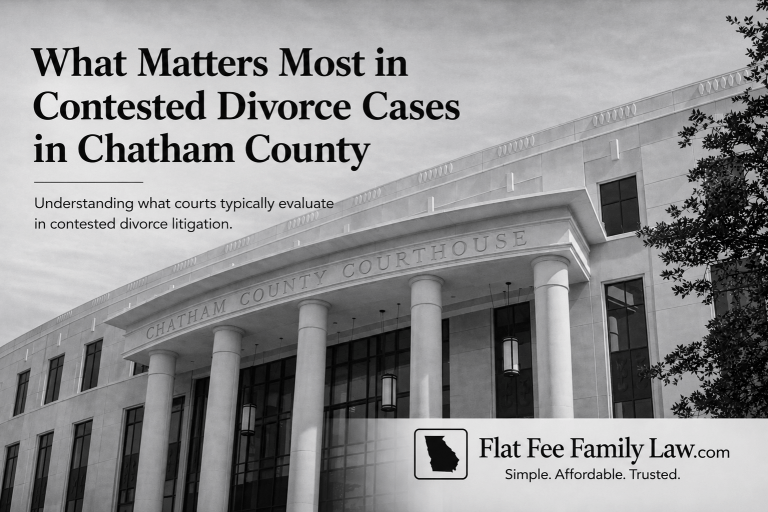 Chatham County Georgia contested divorce graphic explaining what courts evaluate during divorce litigation, including finances, custody disputes, discovery, and trial preparation.
