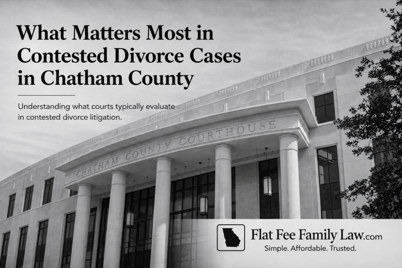 Chatham County Georgia contested divorce graphic explaining what courts evaluate during divorce litigation, including finances, custody disputes, discovery, and trial preparation.