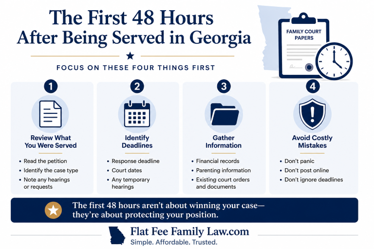 Checklist explaining the first 48 hours after being served with divorce, custody, legitimation, or other family law papers in Georgia.