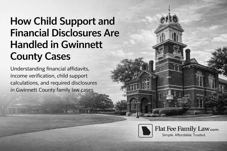 Grey-toned hero image of a courthouse with the title 'How Child Support and Financial Disclosures Are Handled in Gwinnett County Cases' and the Flat Fee Family Law logo in the bottom right.