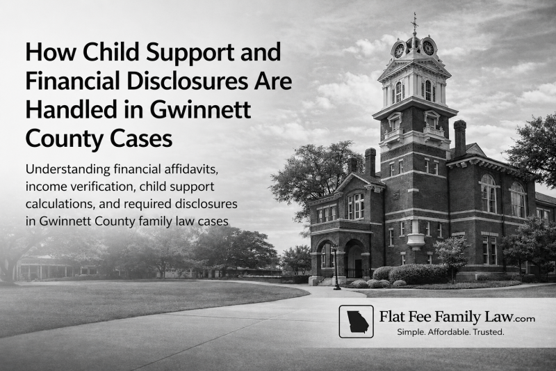 Grey-toned hero image of a courthouse with the title 'How Child Support and Financial Disclosures Are Handled in Gwinnett County Cases' and the Flat Fee Family Law logo in the bottom right.