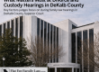 Exterior view of DeKalb County Courthouse with a large headline about divorce and custody hearings and a Flat Fee Family Law banner.