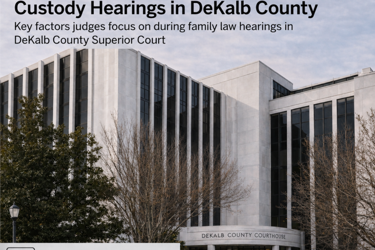 Exterior view of DeKalb County Courthouse with a large headline about divorce and custody hearings and a Flat Fee Family Law banner.