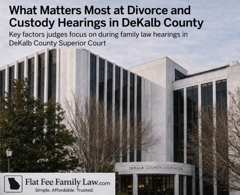What Matters Most at Divorce and Custody Hearings in DeKalb County Exterior view of DeKalb County Courthouse with a large headline about divorce and custody hearings and a Flat Fee Family Law banner.