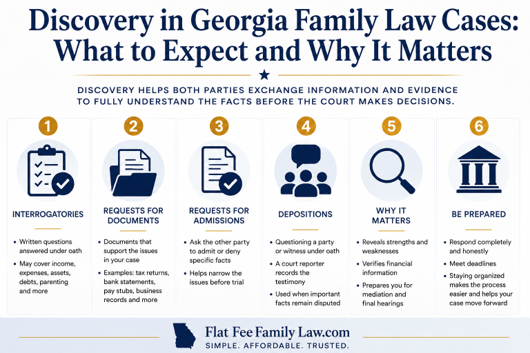 Six-panel infographic summarizing Georgia family law discovery steps: Interrogatories, Requests for Documents, Requests for Admissions, Depositions, Why It Matters, Be Prepared.