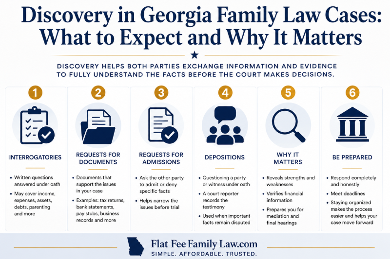 discovery-georgia-family-law-cases-what-to-expect Six-panel infographic summarizing Georgia family law discovery steps: Interrogatories, Requests for Documents, Requests for Admissions, Depositions, Why It Matters, Be Prepared.