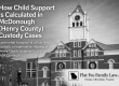 Gray courthouse image with large white title about how child support is calculated in McDonough (Henry County) and a bottom-right Flat Fee Family Law logo.