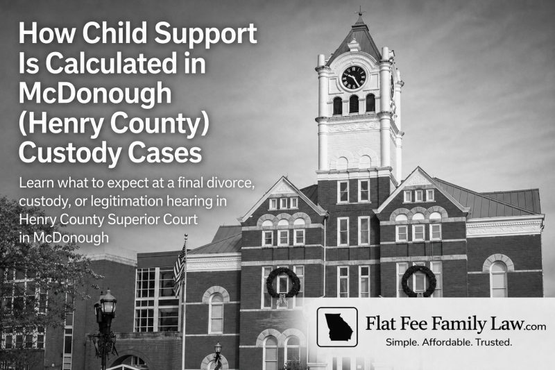 How Child Support Is Calculated in McDonough (Henry County) Custody Cases (2026 Guide) Gray courthouse image with large white title about how child support is calculated in McDonough (Henry County) and a bottom-right Flat Fee Family Law logo.