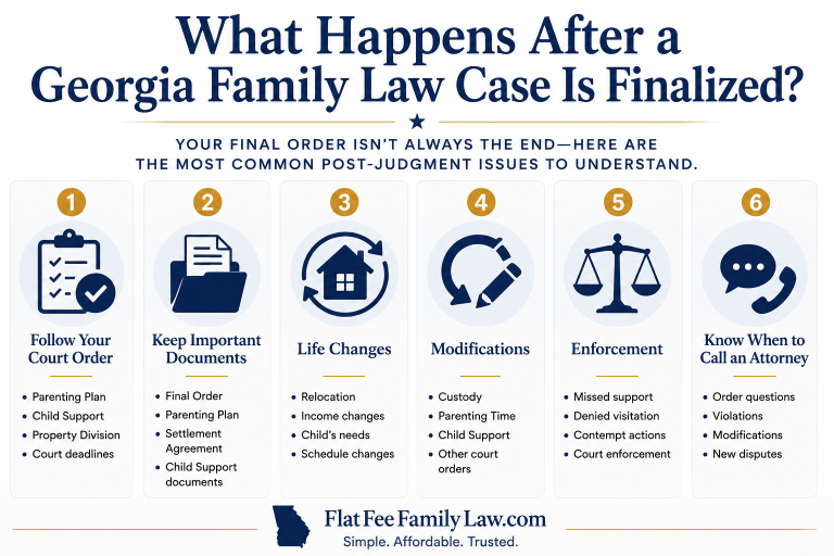 Infographic outlining six post-judgment issues in Georgia family law: 1 Follow Your Court Order, 2 Keep Important Documents, 3 Life Changes, 4 Modifications, 5 Enforcement, 6 Know When to Call an Attorney.