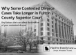 Courthouse facade with bold article headline about contested divorce timelines; Flat Fee Family Law logo in corner.