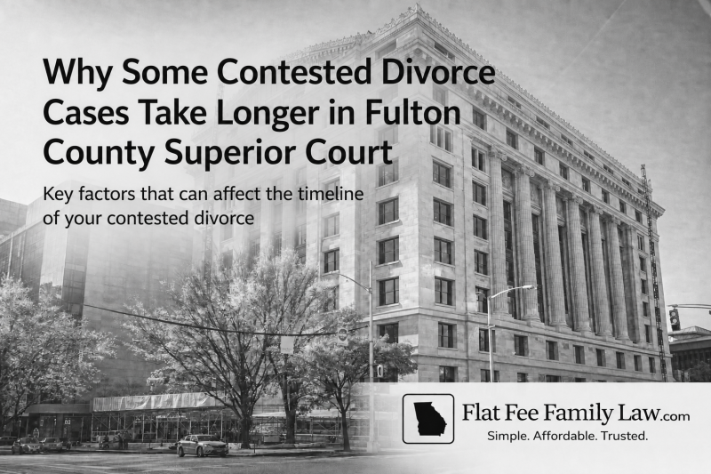 Courthouse facade with bold article headline about contested divorce timelines; Flat Fee Family Law logo in corner.