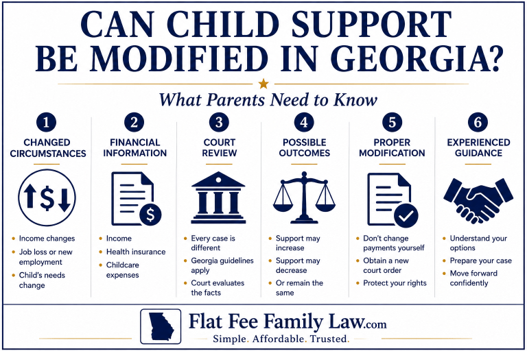 Georgia child support modification guide: six factors including changed circumstances, financial info, court review, outcomes, modification, guidance.