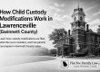 Black and white image of the Gwinnett County courthouse with text reading “How Child Custody Modifications Work in Lawrenceville (Gwinnett County)” and Flat Fee Family Law branding.