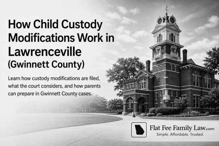 Black and white image of the Gwinnett County courthouse with text reading “How Child Custody Modifications Work in Lawrenceville (Gwinnett County)” and Flat Fee Family Law branding.