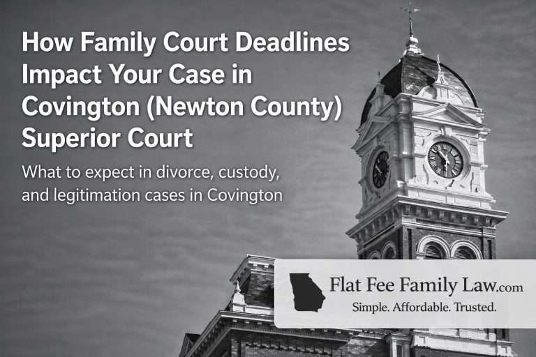 Hero image for a legal article about how family court deadlines affect cases in Covington (Newton County) Superior Court, with a clock tower and a banner for Flat Fee Family Law.