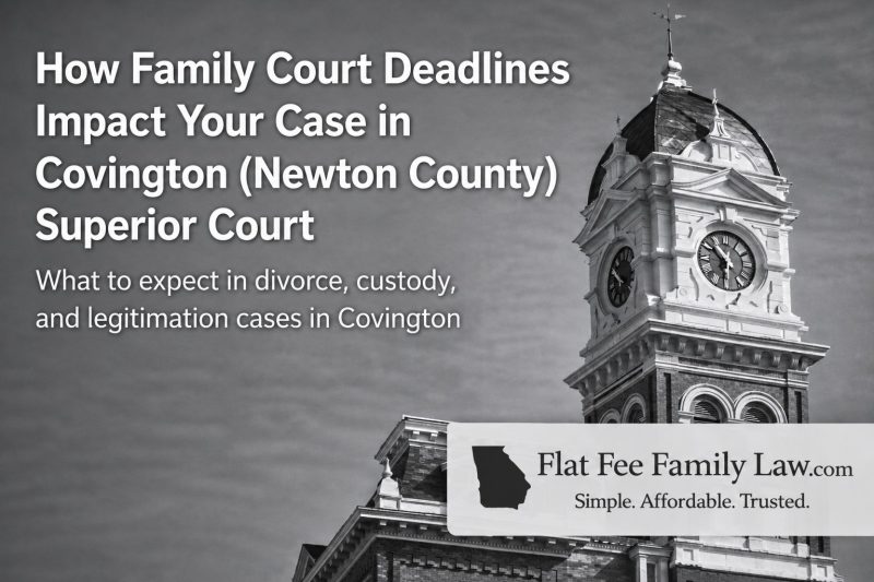 Hero image for a legal article about how family court deadlines affect cases in Covington (Newton County) Superior Court, with a clock tower and a banner for Flat Fee Family Law.