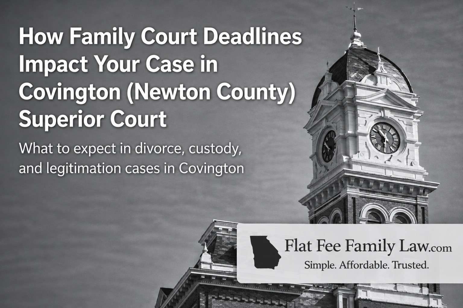 Hero image for a legal article about how family court deadlines affect cases in Covington (Newton County) Superior Court, with a clock tower and a banner for Flat Fee Family Law.
