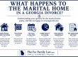 Infographic explaining six Georgia divorce options for the marital home: keep by one spouse, home sold and equity split, sale delayed, home equity divided, pre-marital ownership, mortgage matters. Also shows Flat Fee Family Law branding.