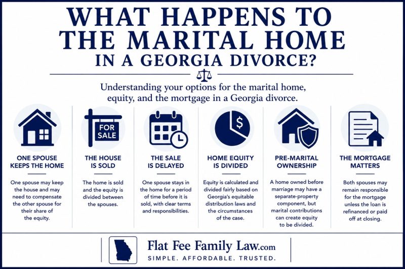 marital-home-georgia-divorce-property-division Infographic explaining six Georgia divorce options for the marital home: keep by one spouse, home sold and equity split, sale delayed, home equity divided, pre-marital ownership, mortgage matters. Also shows Flat Fee Family Law branding.