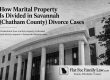 Article cover: grayscale courthouse with bold title about division of marital property in Savannah and Flat Fee Family Law logo at bottom right.