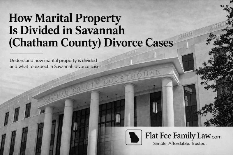 marital-property-division-savannah-chatham-county Article cover: grayscale courthouse with bold title about division of marital property in Savannah and Flat Fee Family Law logo at bottom right.