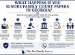 Infographic outlining six consequences of ignoring family court papers in Georgia, from served notice to potential long-term impact on family finances and rights.