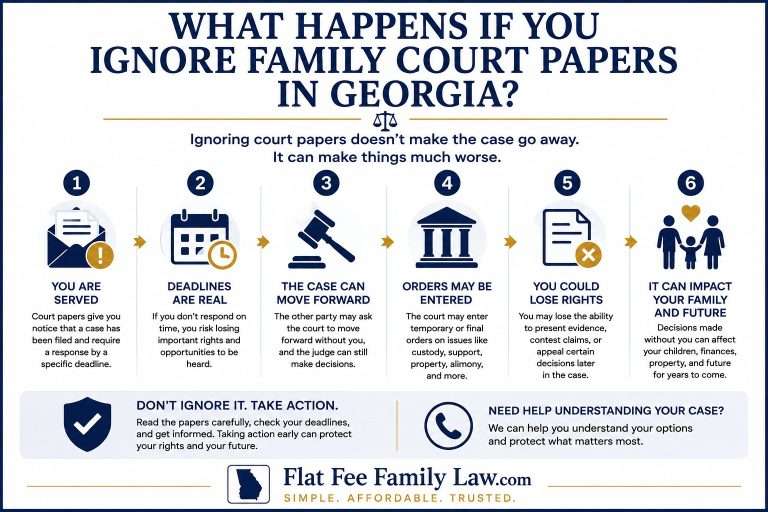 Infographic outlining six consequences of ignoring family court papers in Georgia, from served notice to potential long-term impact on family finances and rights.