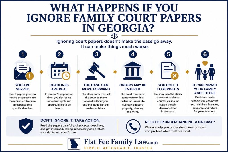 Infographic outlining six consequences of ignoring family court papers in Georgia, from served notice to potential long-term impact on family finances and rights.