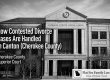 Black-and-white photo of the Cherokee County Justice Center with a large headline about contested divorce cases and a Flat Fee Family Law logo in the corner.