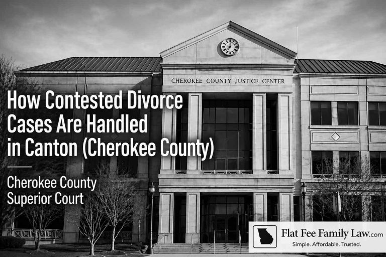 Black-and-white photo of the Cherokee County Justice Center with a large headline about contested divorce cases and a Flat Fee Family Law logo in the corner.