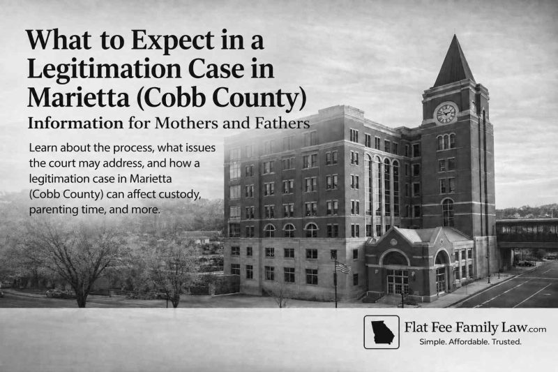 legitimation-case-marietta-cobb-county-georgia Informational banner about legitimation cases in Marietta (Cobb County) with courthouse image and Flat Fee Family Law logo at the bottom right.