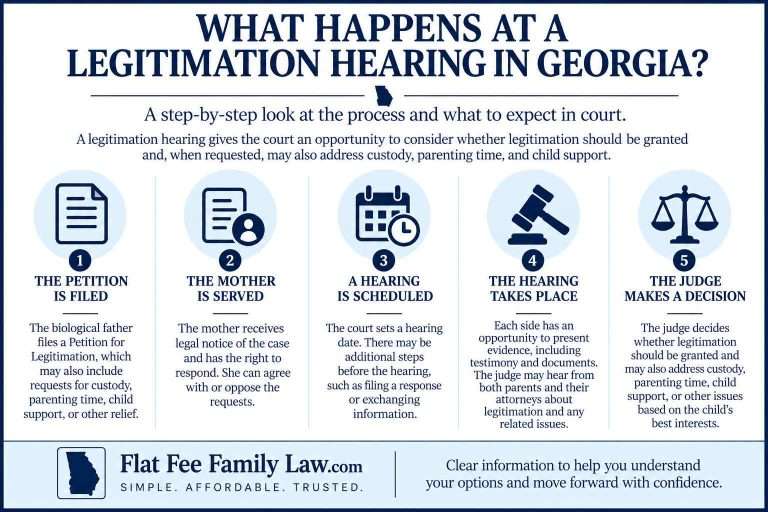 Infographic: What Happens at a Legitimations Hearing in Georgia—5-step process from filing to judge's decision, with a footer about Flat Fee Family Law.