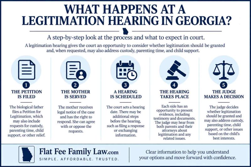 Infographic: What Happens at a Legitimations Hearing in Georgia—5-step process from filing to judge's decision, with a footer about Flat Fee Family Law.