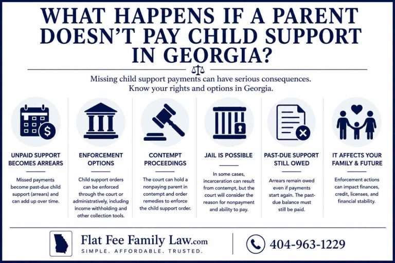 Infographic for Georgia child support: unpaid support becomes arrears; enforcement options; contempt proceedings; jail possible; past-due still owed; impact on family; includes Flat Fee Family Law logo