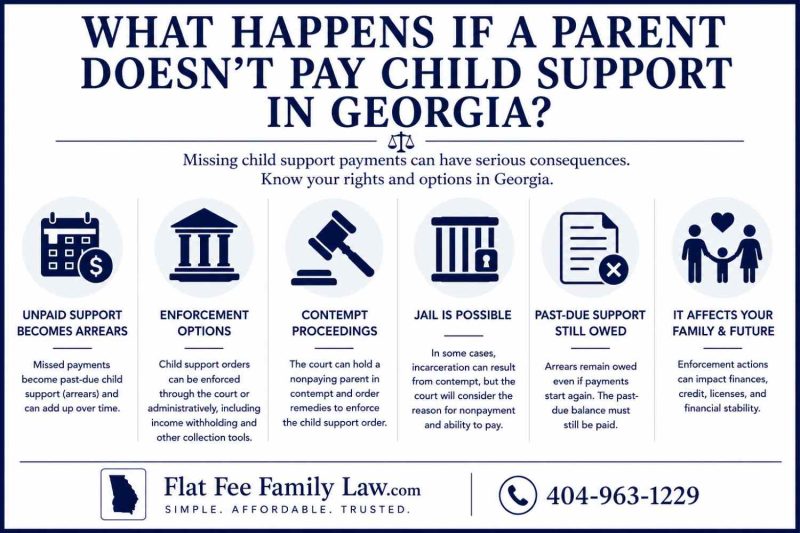 Infographic for Georgia child support: unpaid support becomes arrears; enforcement options; contempt proceedings; jail possible; past-due still owed; impact on family; includes Flat Fee Family Law logo