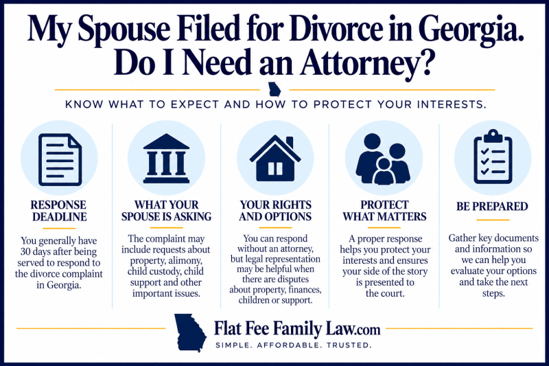 Georgia contested divorce attorney explaining how to respond when your spouse files for divorce, including deadlines and legal representation.