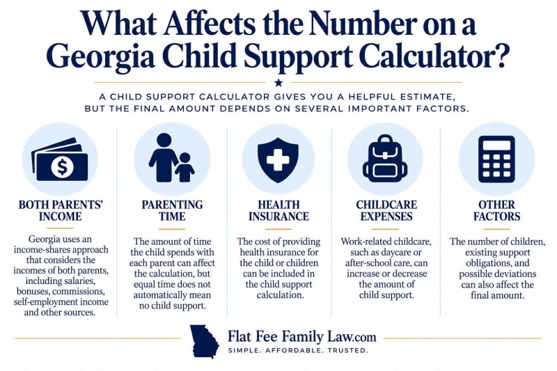Georgia child support calculator infographic with five factors displayed as icons and labels.