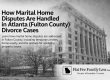 Grey-toned image of a large, classical building with bold headline about Atlanta marital home disputes and a lawyer logo at the bottom right (Flat Fee Family Law).