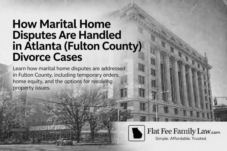 Grey-toned image of a large, classical building with bold headline about Atlanta marital home disputes and a lawyer logo at the bottom right (Flat Fee Family Law).