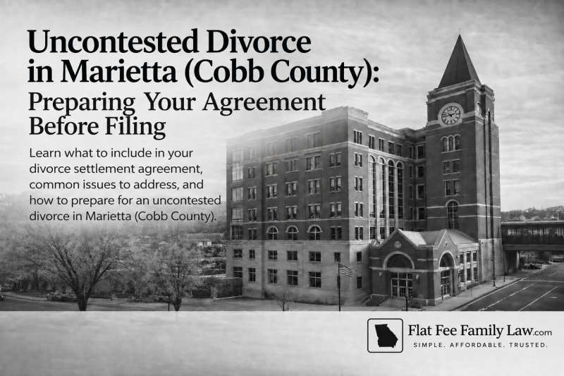 Uncontested Divorce in Marietta (Cobb County): Preparing Your Agreement Before Filing — Flat Fee Family Law graphic with a courthouse and clock tower.